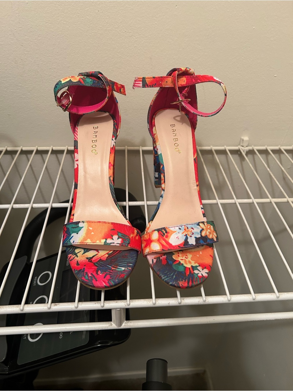 BAMBOO Floral Open-Toe Ankle-Strap Heels - Red Multi